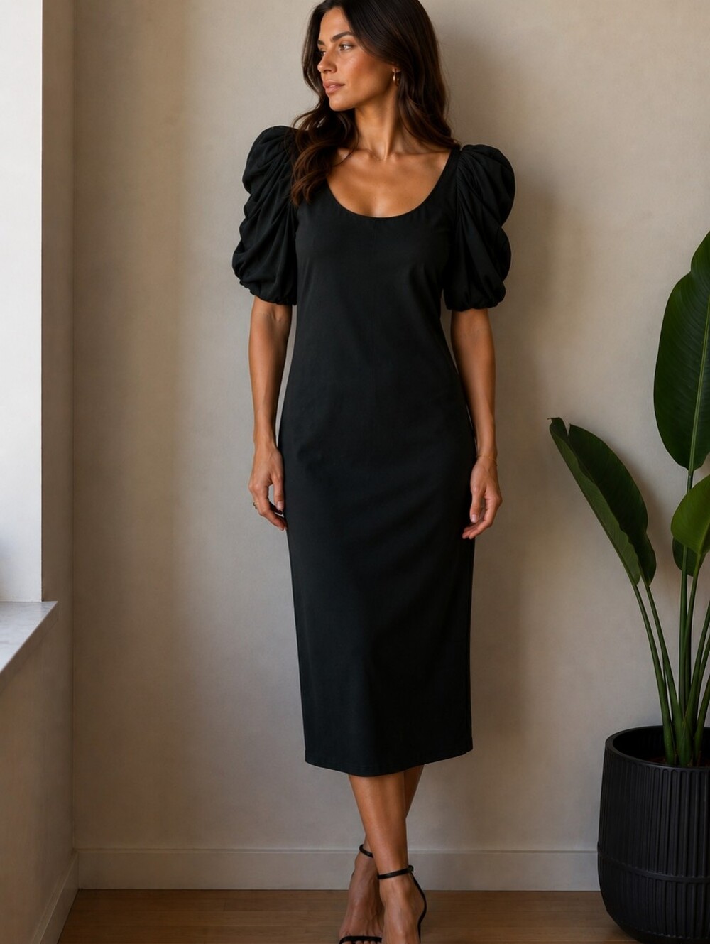 Green Dress With Puff-Sleeves Scoop Neck